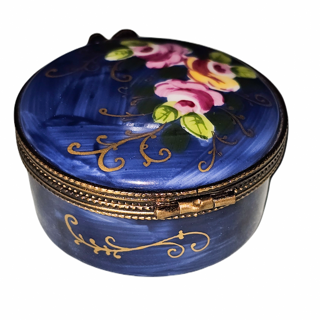 Dark Blue Round 2 Roses Limoges Box, view 3