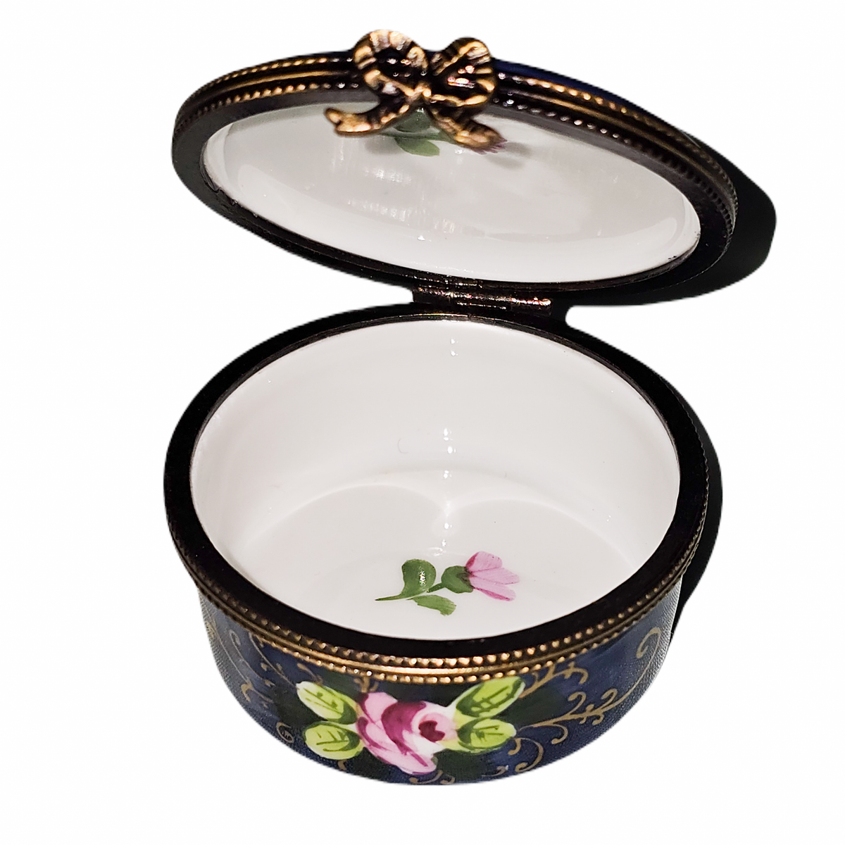 Dark Blue Round 2 Roses Limoges Box, view 2