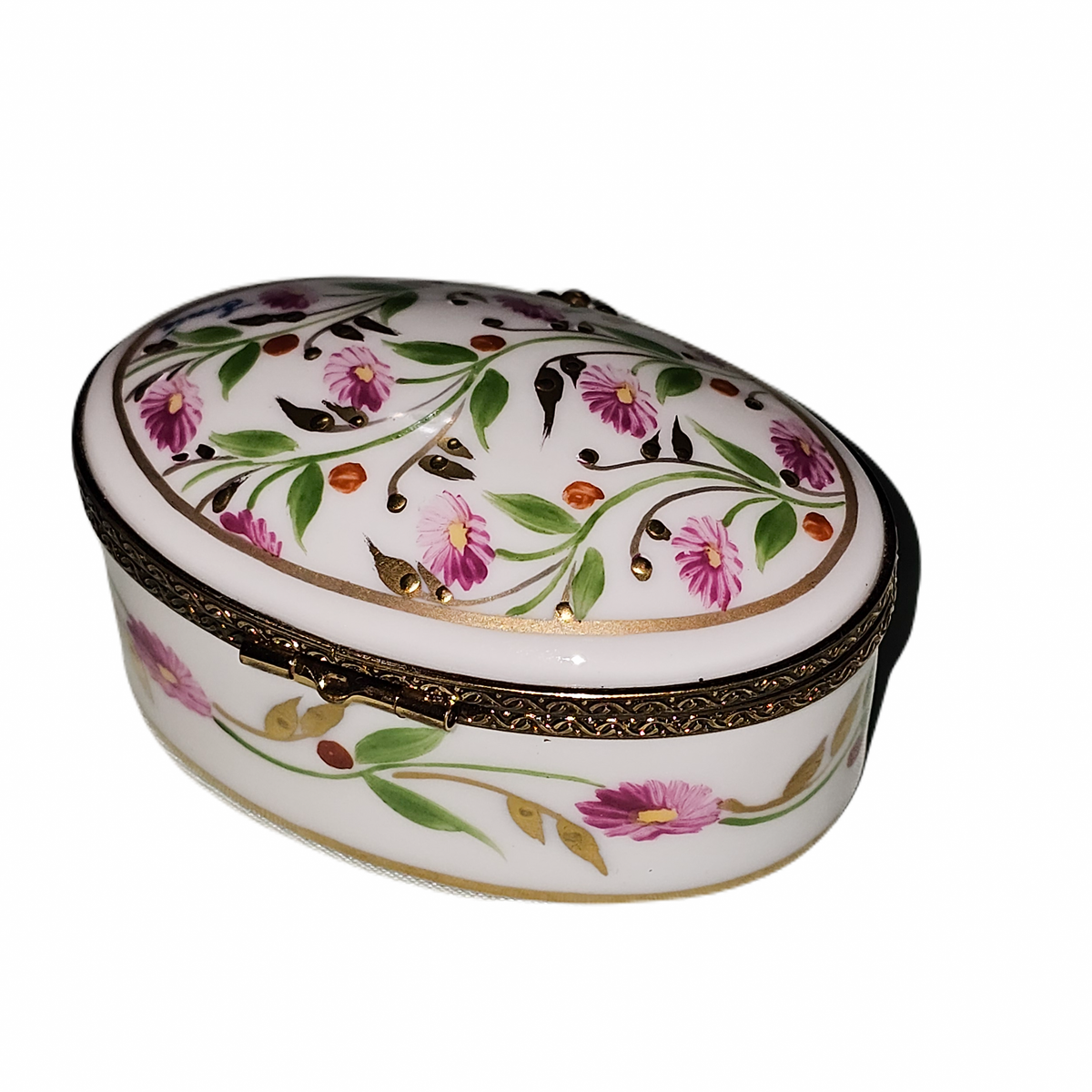 Oval Flowers Decor Main Madame Pompadour Pink Limoges Box, view 3