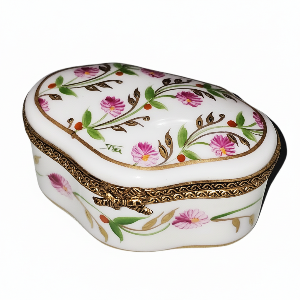 Madame Pompadour Shaped Pink Flowers Decor Main Box, a hand-painted Limoges porcelain gift