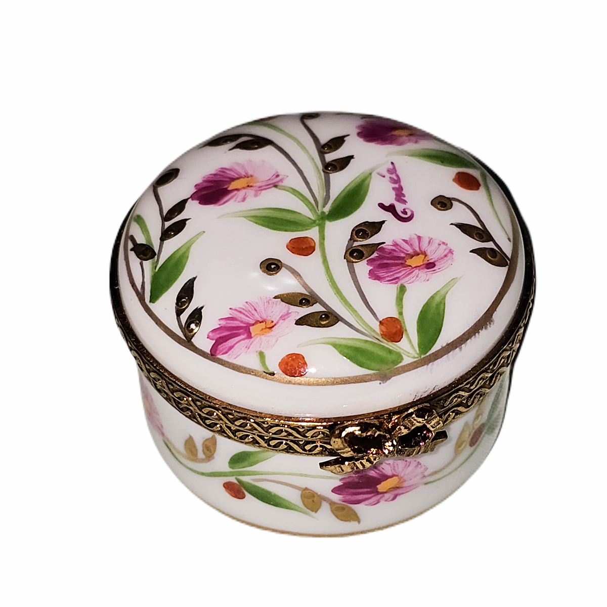 Small Madame Pompadour Round Pink Flowers Decor Main Box, a hand-painted Limoges porcelain gift