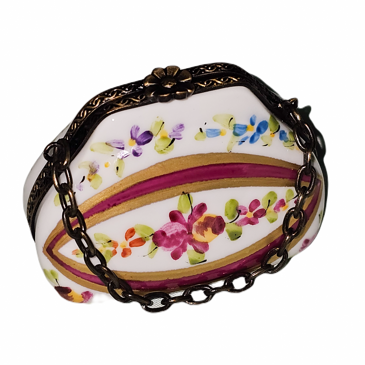 Red Purse w Flower Floral Limoges Box, a hand-painted Limoges porcelain gift