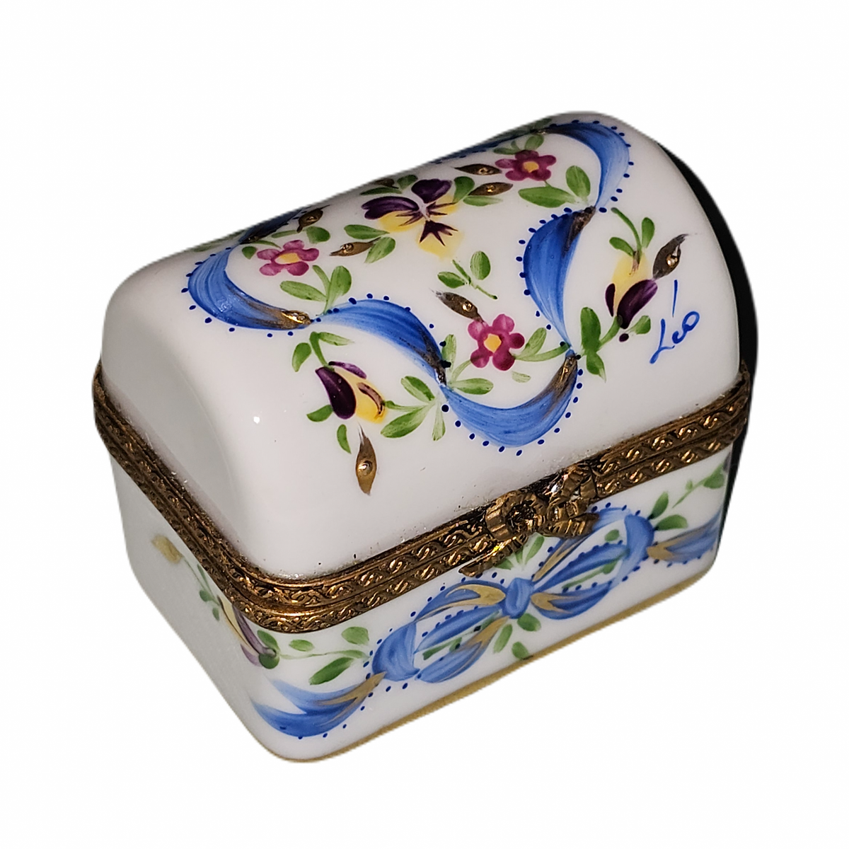 Blue Chest Flowers Limoges Box for Home Décor Gift, a hand-painted Limoges porcelain gift