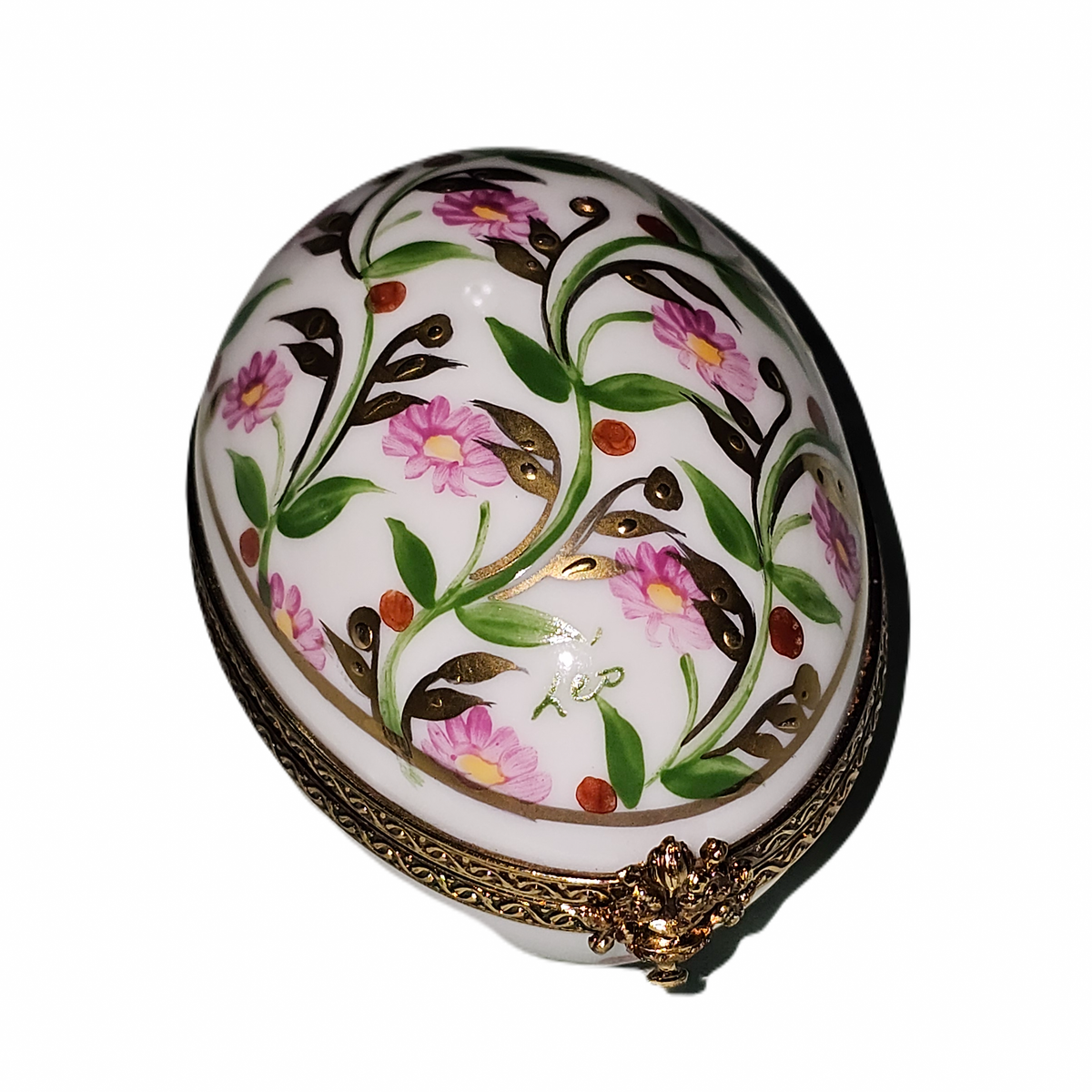 Madame Pompadour Pink Flowers Egg Decor Main Limoges Box, a hand-painted Limoges porcelain gift