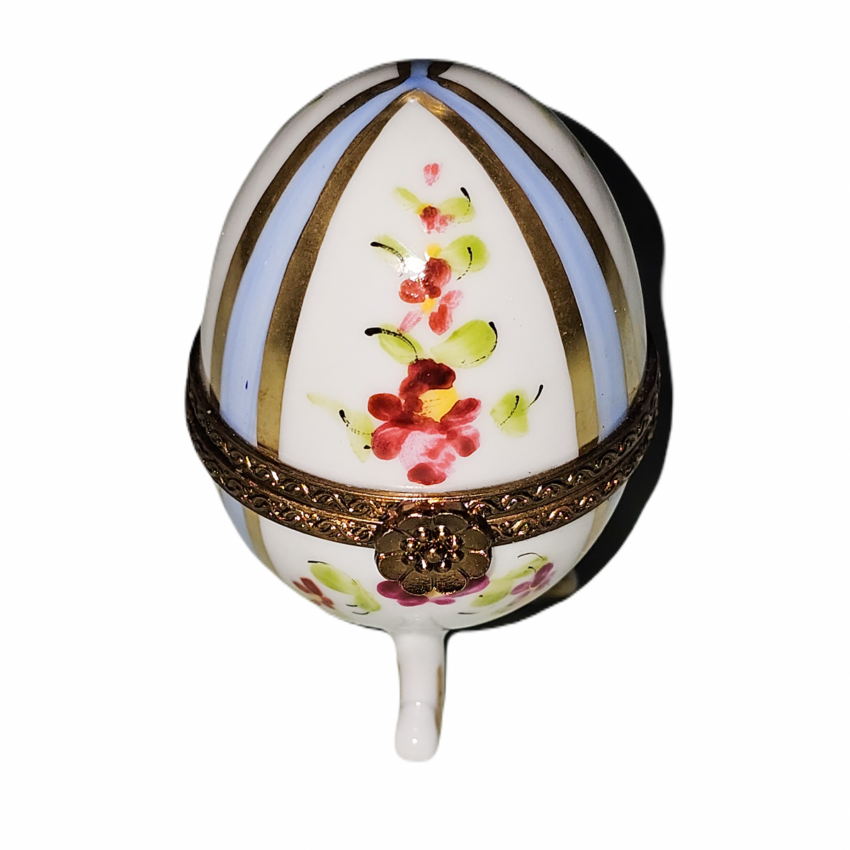 Blue Stripped Footed Egg w Flowers, a hand-painted Limoges porcelain gift