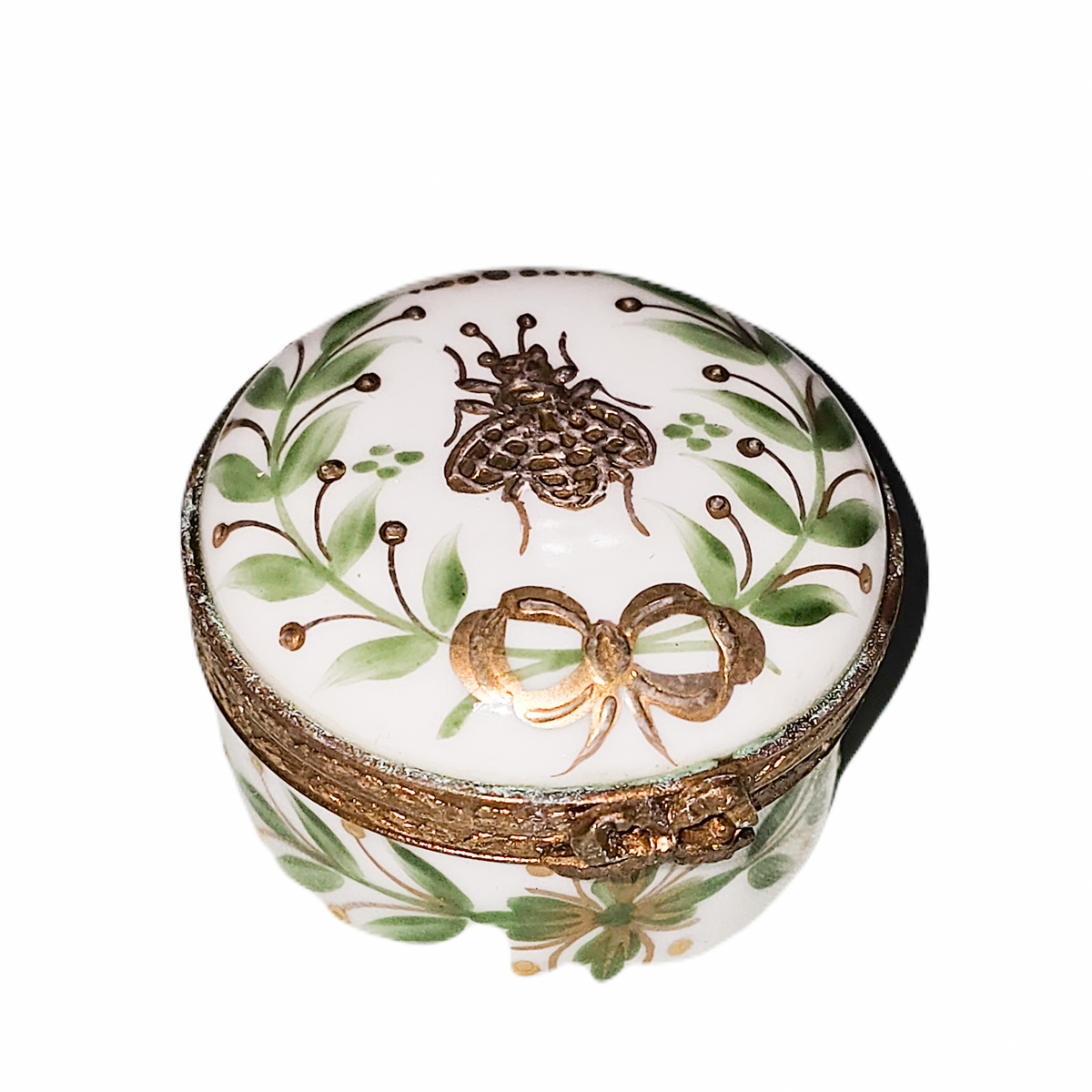 Emperor Green Leaves Round w Gold Bee, a hand-painted Limoges porcelain gift