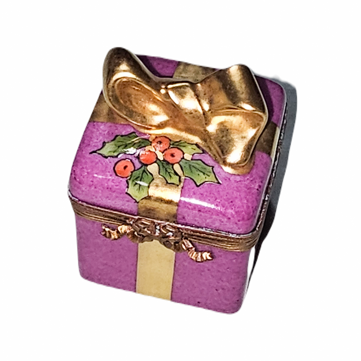 Pink Christmas Gift Box Mistletoe, a hand-painted Limoges porcelain gift