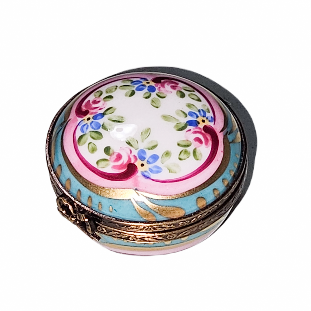 Pink Torqouis Round w Flowers Limoges Box, a hand-painted Limoges porcelain gift