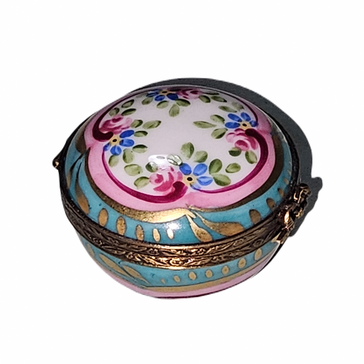 Pink Torqouis Round w Flowers Limoges Box, view 3