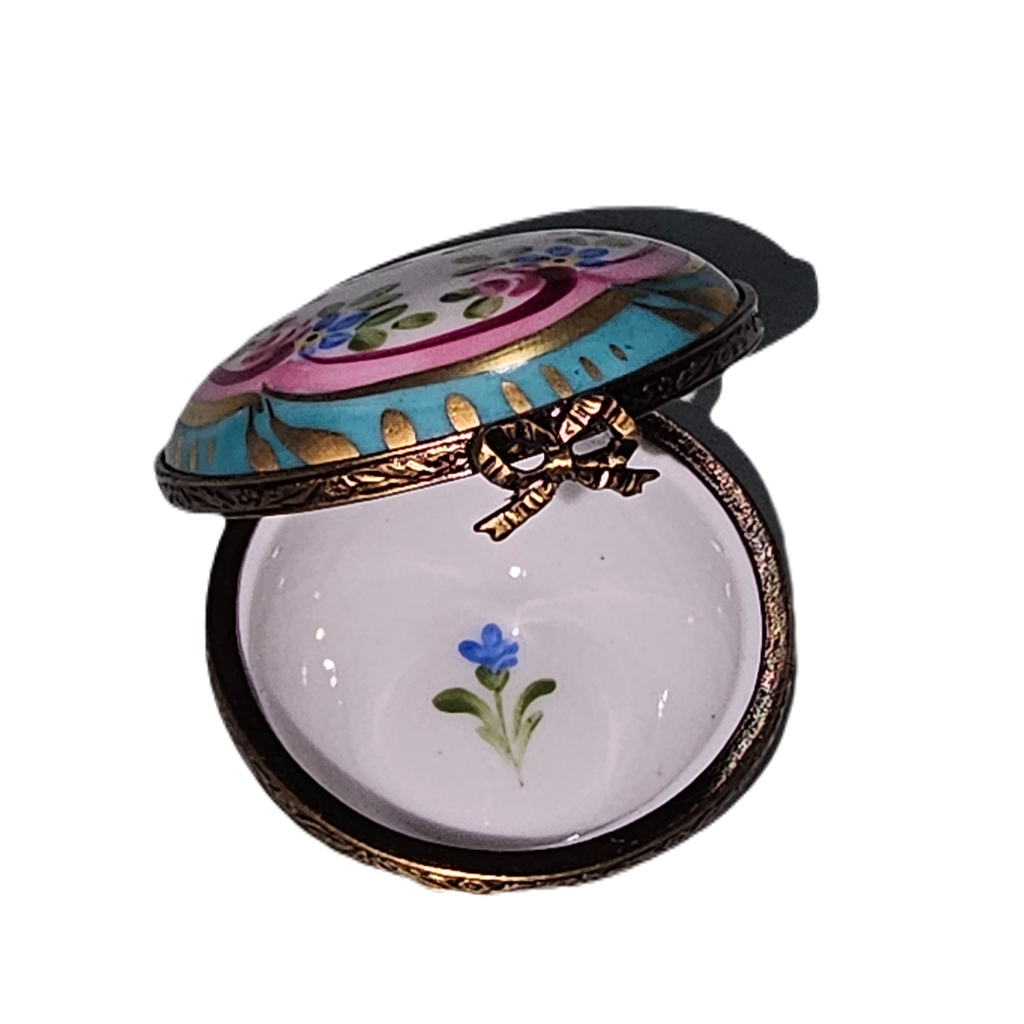 Pink Torqouis Round w Flowers Limoges Box, view 2