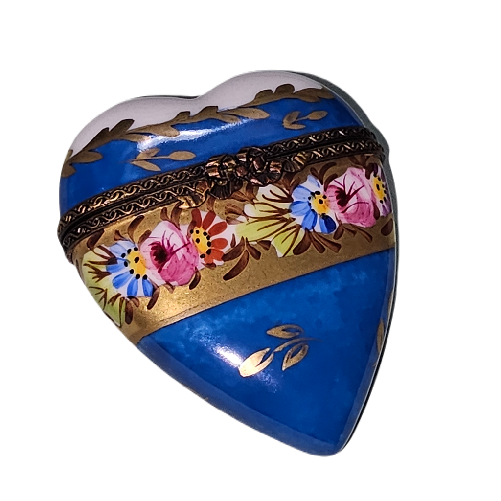Dark Blue Gold Heart w Flowers Box for Collectors, a hand-painted Limoges porcelain gift