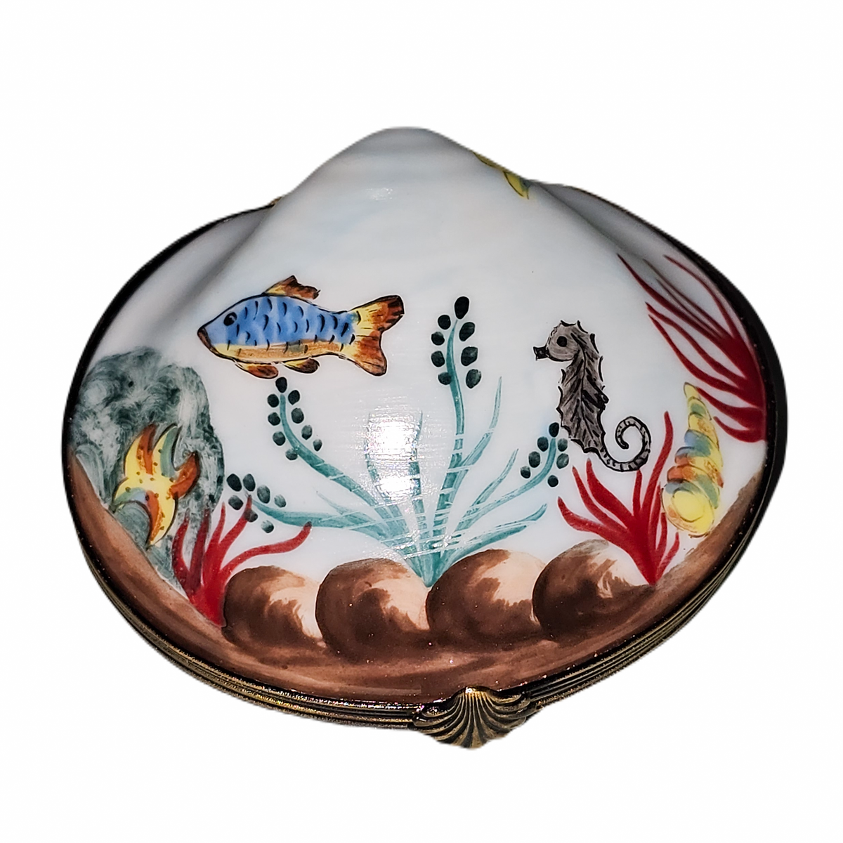 Oyster w Ocean Scene Painted Box, a hand-painted Limoges porcelain gift