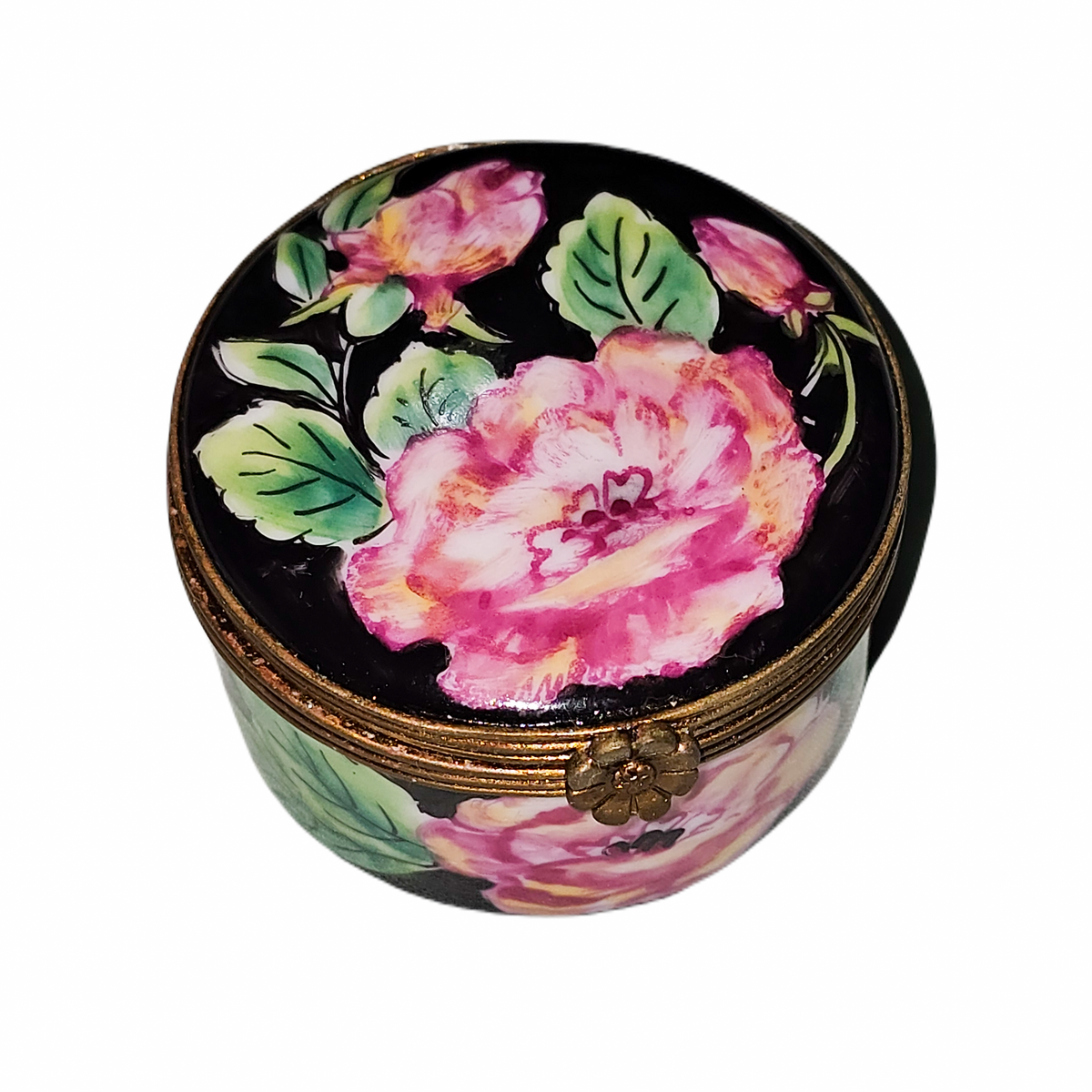 Black and Roses on Round Charm Box, a hand-painted Limoges porcelain gift