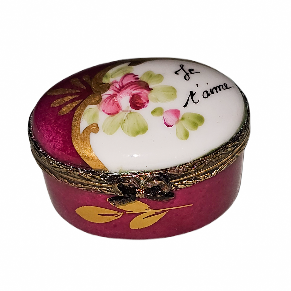 Red Flowers Oval Limoges Box Je Taime Collectible, a hand-painted Limoges porcelain gift