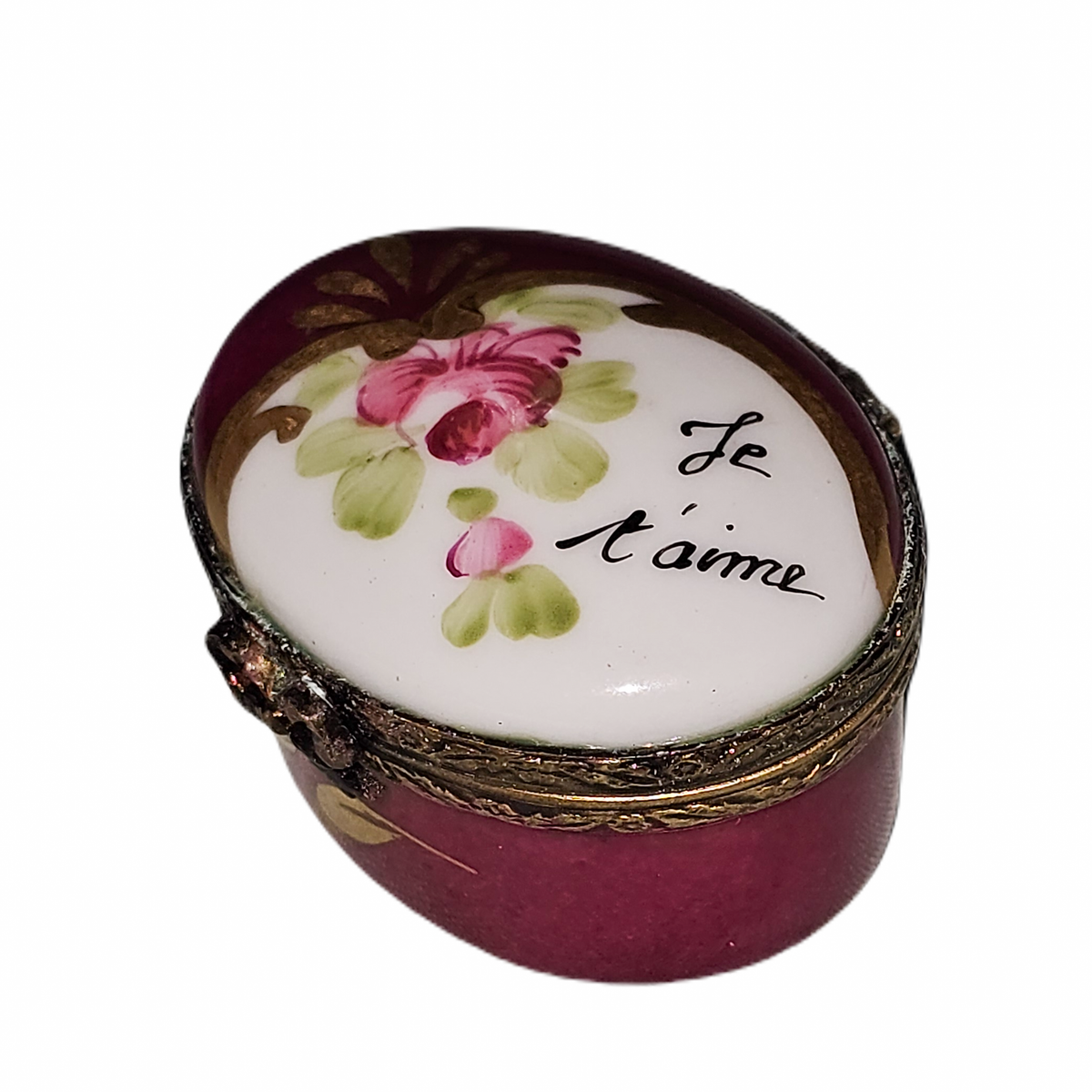 Red Flowers Oval Limoges Box Je Taime Collectible, view 3