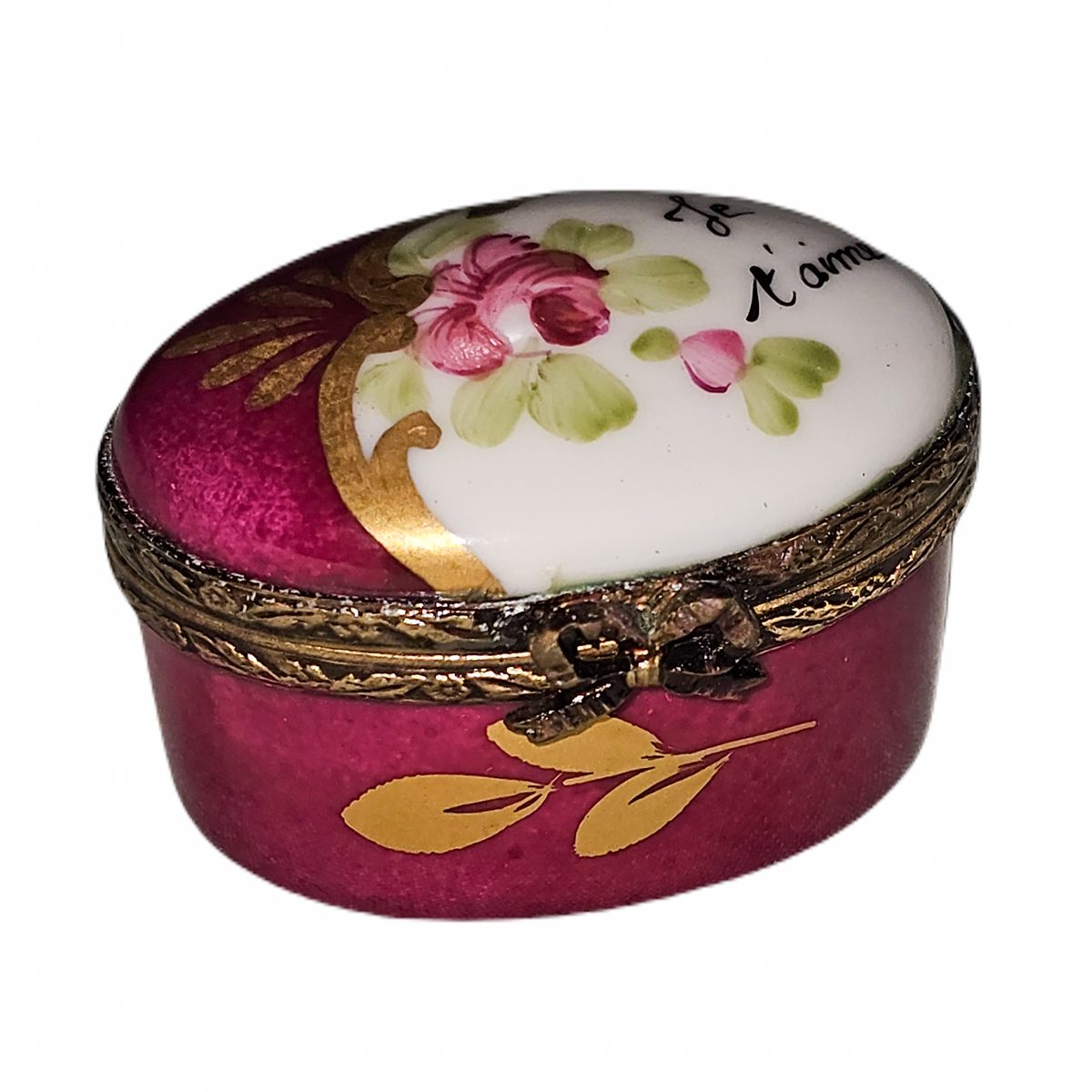 Red Flowers Oval Limoges Box Je Taime Collectible, view 4