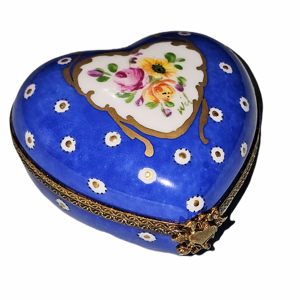 Dark Blue Poka Dot Flowers Porcelain Heart Box, a hand-painted Limoges porcelain gift