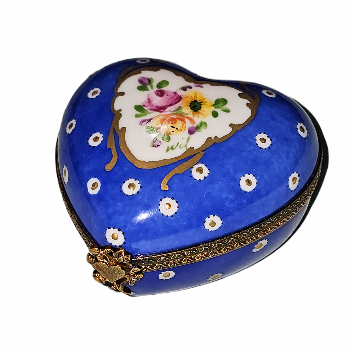 Dark Blue Poka Dot Flowers Porcelain Heart Box, view 3