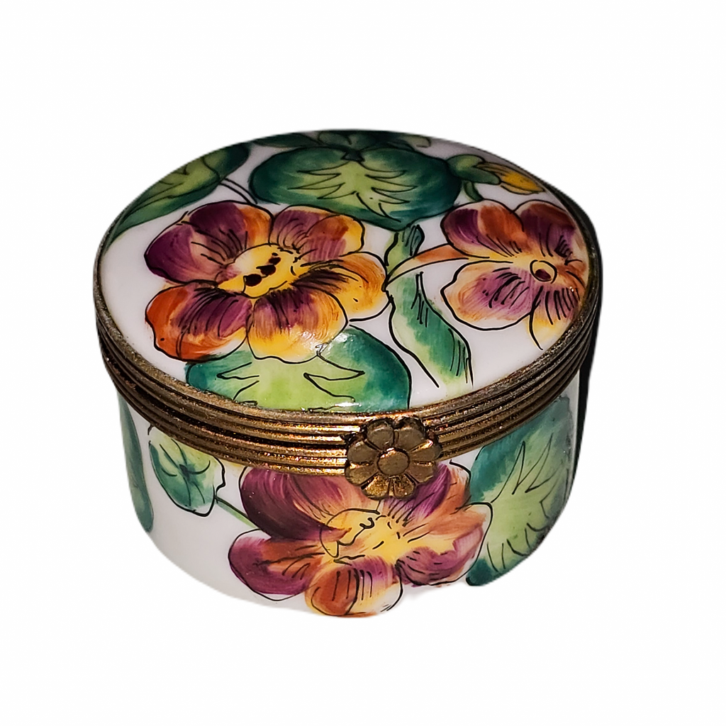 Yellow Orange Flowers on Round Limoges Box for Collectors, a hand-painted Limoges porcelain gift