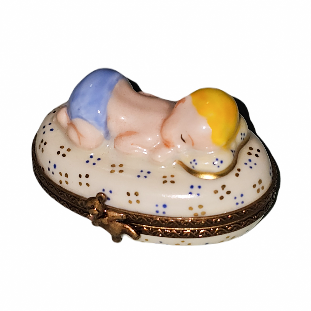 Blue Baby Sleeping Dents a Lait, a hand-painted Limoges porcelain gift
