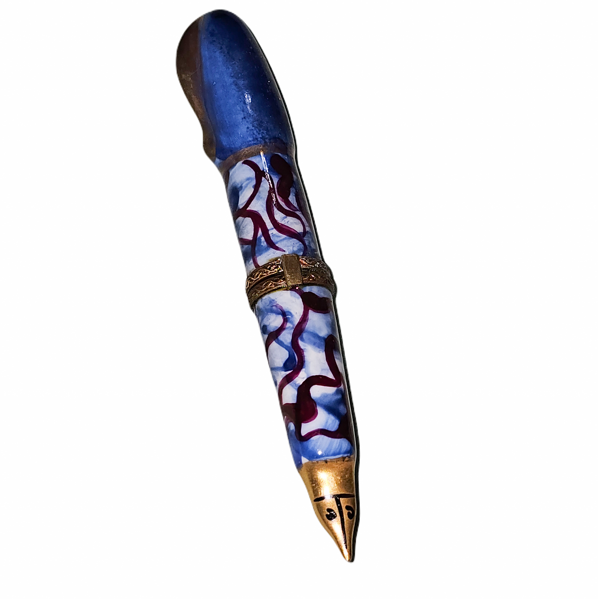 Dark Blue Swirl Fountain Pen Limoges Box for Art Lovers, a hand-painted Limoges porcelain gift