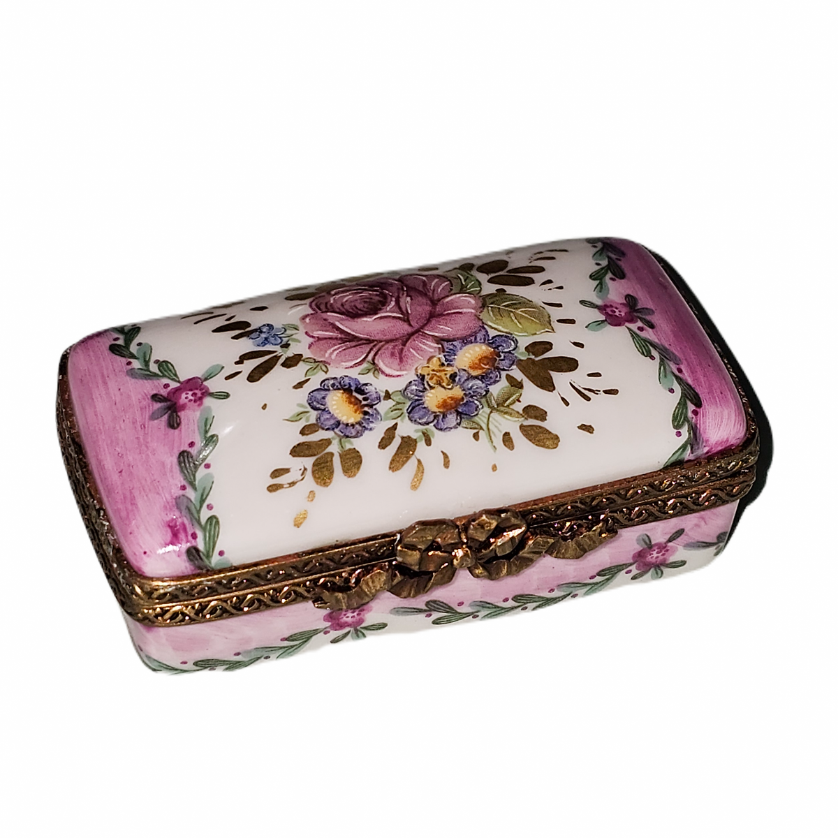 Light Pink Roses Flat Rectangle Box, a hand-painted Limoges porcelain gift