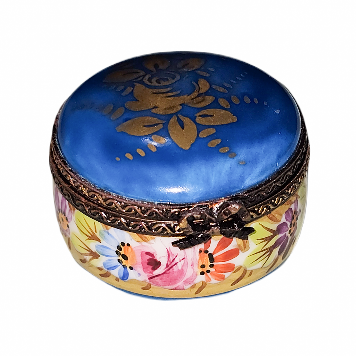 Blue Round Flowers on Bottom Limoges Box, a hand-painted Limoges porcelain gift