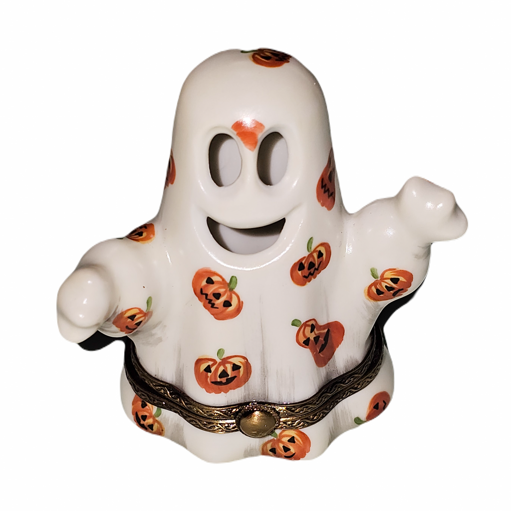 Authentic Ghost with Jack-o'-Lanterns Halloween Limoges box, hand-painted in France, from Limoges Boutique