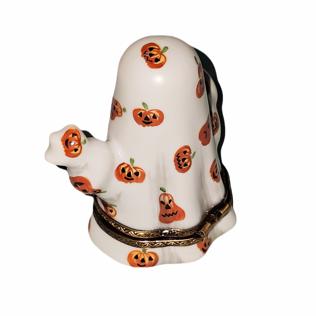 Artisan-painted Ghost with Jack-o'-Lanterns Halloween Limoges box from France, a cherished collectible