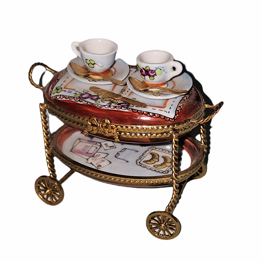 Maroon Tea Cart for Collectors, a hand-painted Limoges porcelain gift