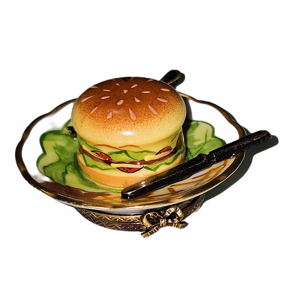 Cheeseburger on Plate Delight for Food Lovers Gift, a hand-painted Limoges porcelain gift
