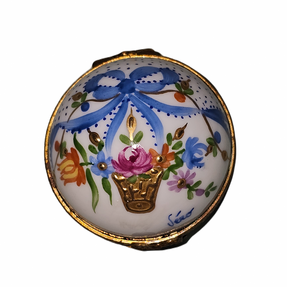 Mini Blue Round Ribbons Flowers Limoges Porcelain Art Object, view 3