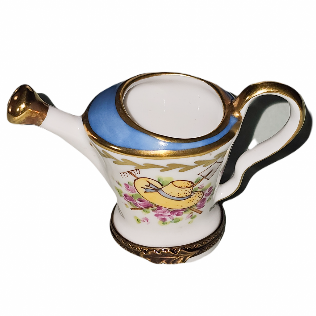 Floral Watering Can w Hat PV Limoges Box, a hand-painted Limoges porcelain gift