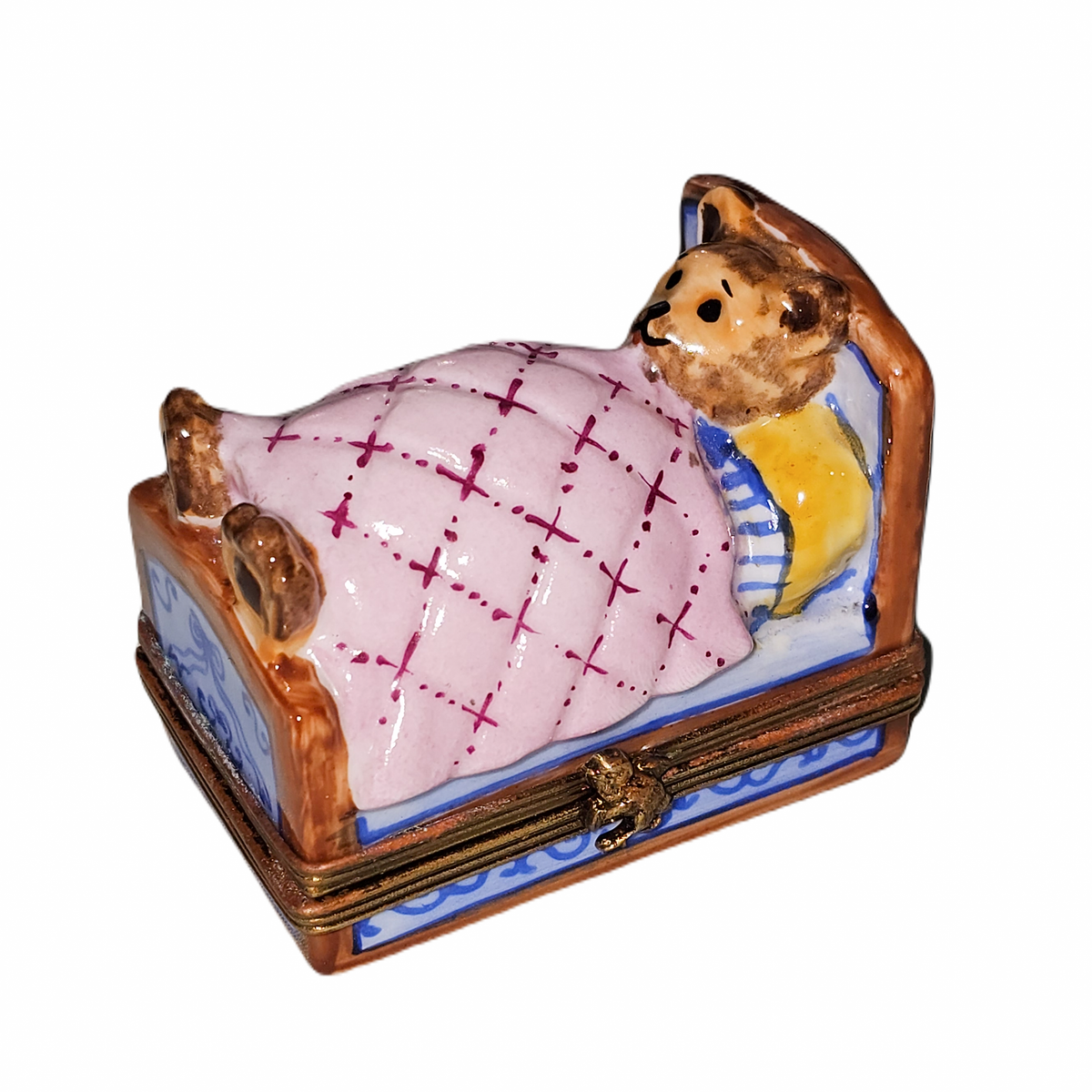 Teddy Bear in Pink Bed Limoges Box Gift, a hand-painted Limoges porcelain gift