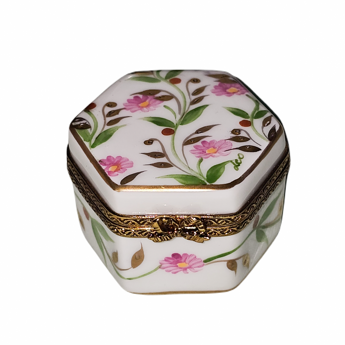Mini Hexa Pink Flowers Madame Pompadour, a hand-painted Limoges porcelain gift
