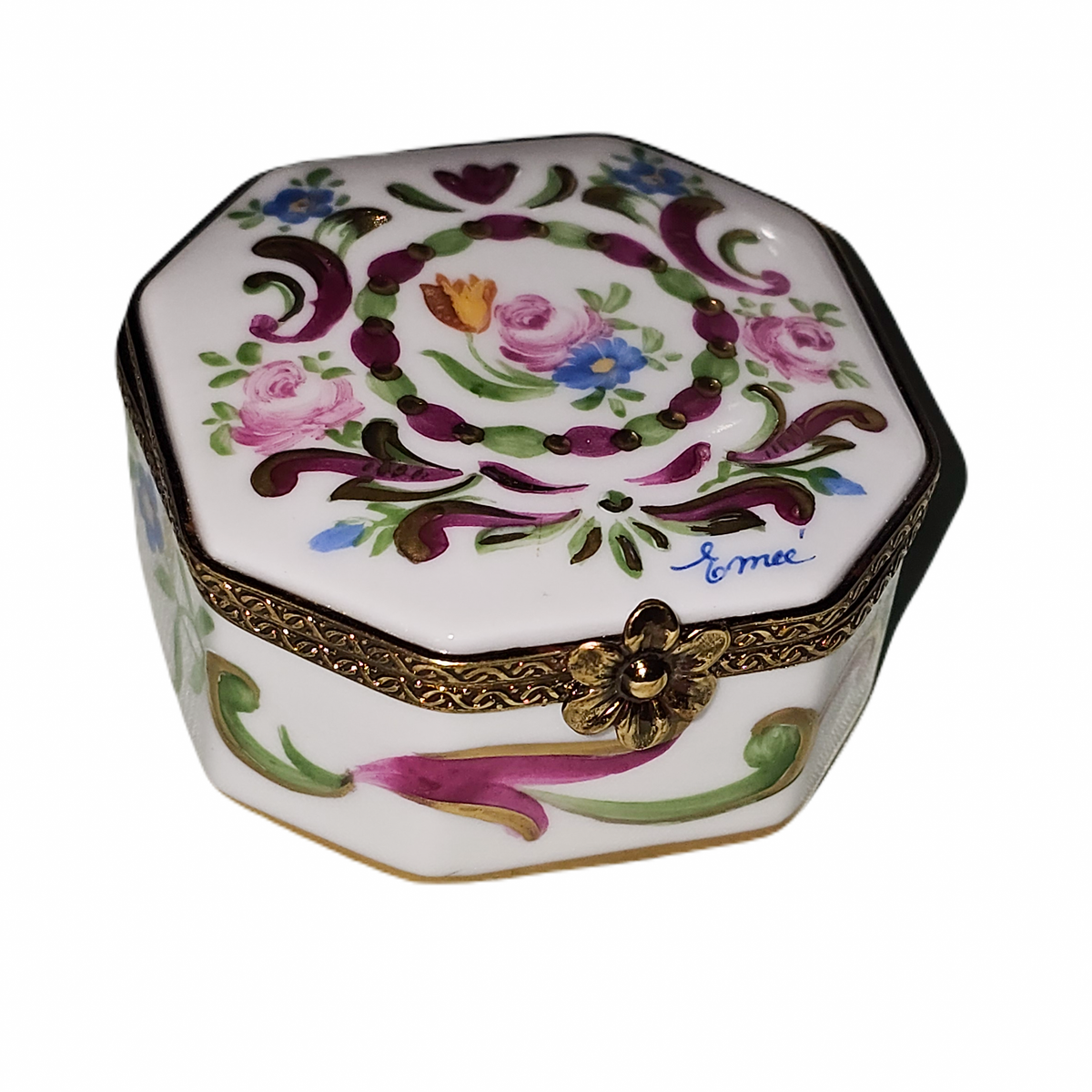 White Hexa W Flowers Limoges Box, a hand-painted Limoges porcelain gift