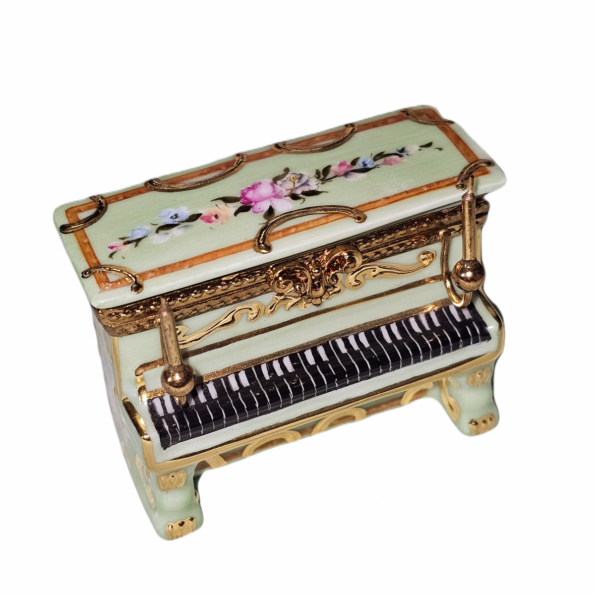 Green Piano w Candlebra Limoges Box, a hand-painted Limoges porcelain gift