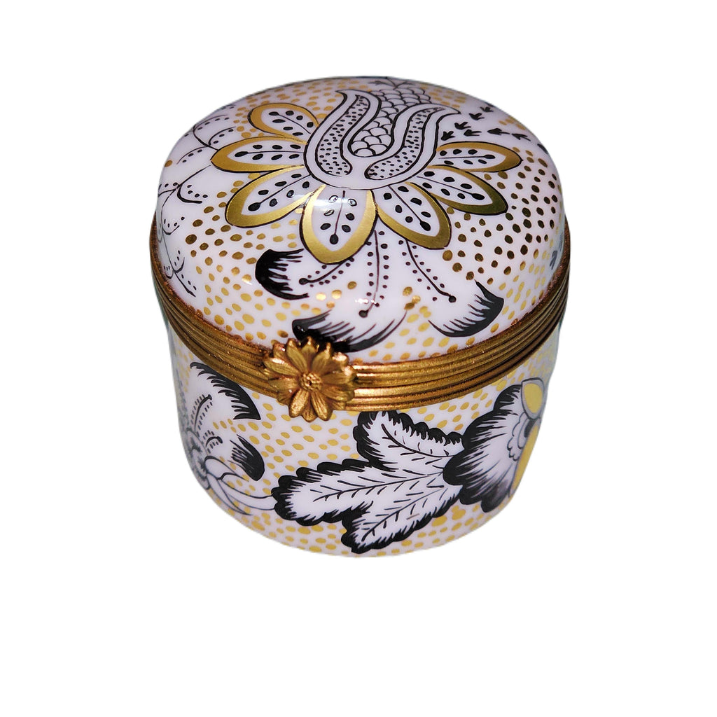 Elegant Gold Black Pizazz Tall Round Limoges Box, a hand-painted Limoges porcelain gift