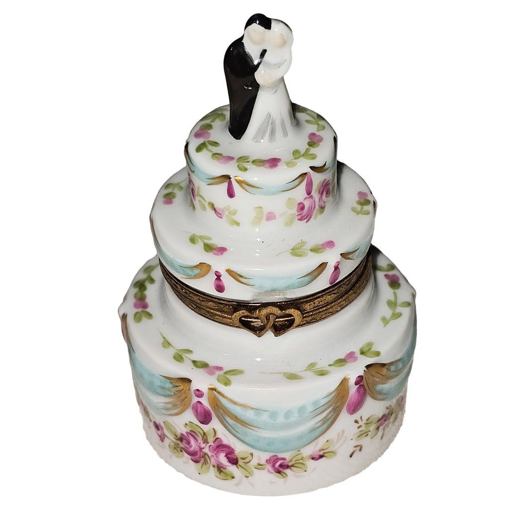 White Wedding Cake w Couple Limoges Box, a hand-painted Limoges porcelain gift