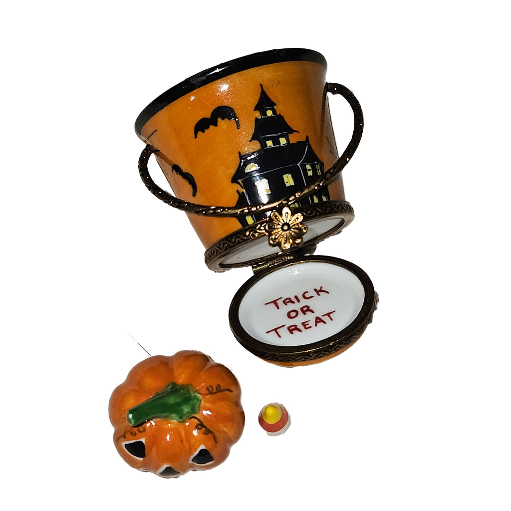 Artisan-painted Halloween Bucket Art with Pumpkin Candy Corn Limoges box from France, a cherished collectible