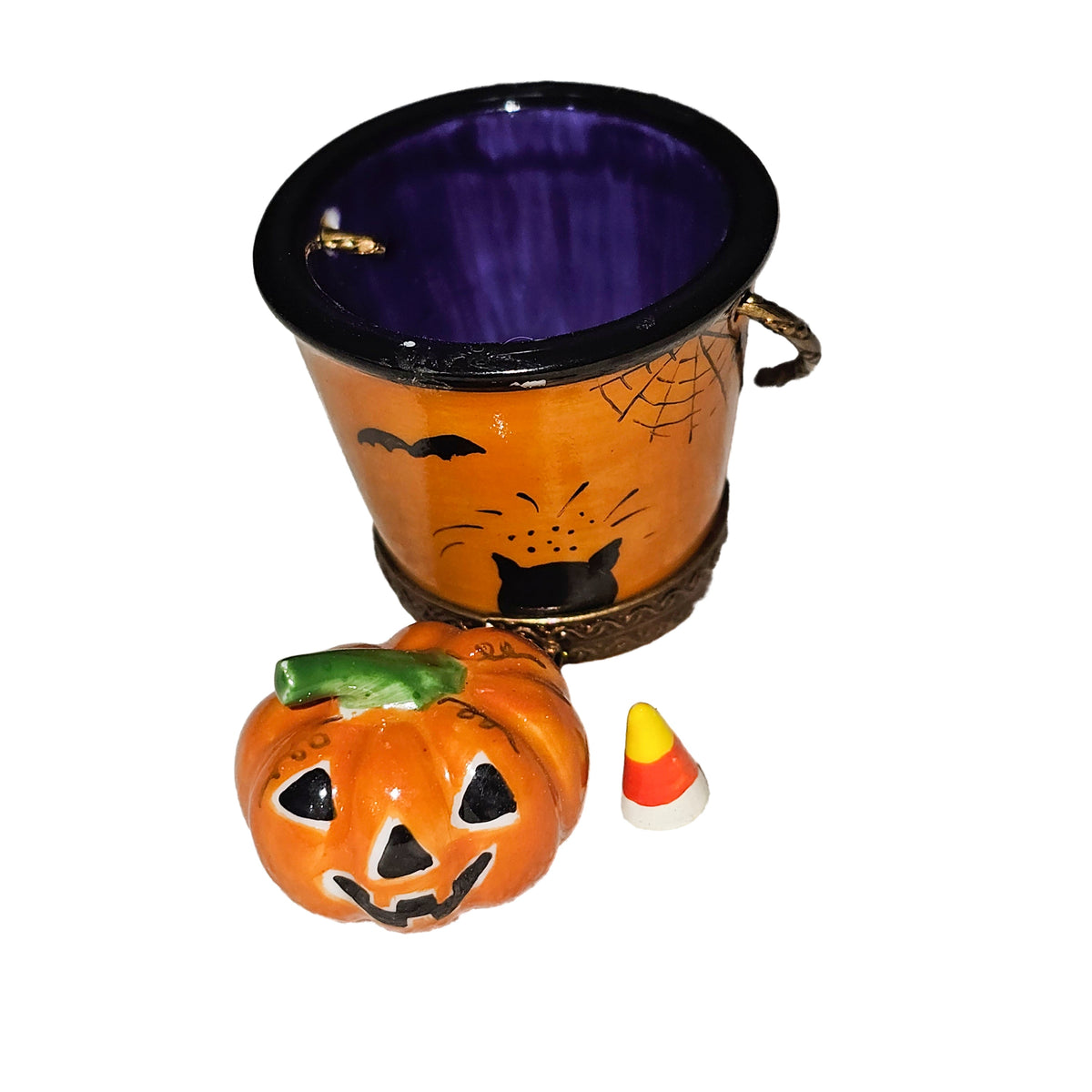 The painter's artistry shows on this Halloween Bucket Art with Pumpkin Candy Corn Limoges box