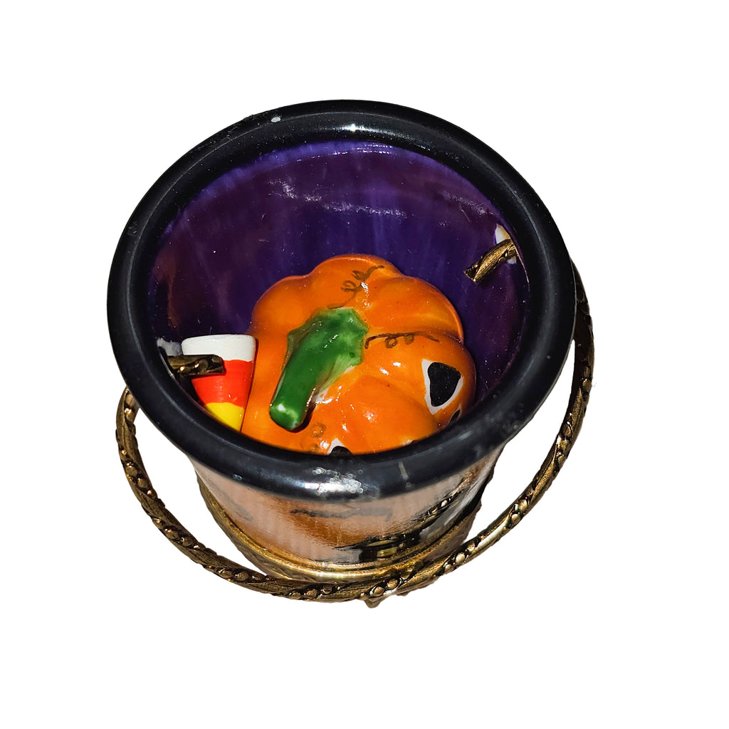Treasured French collectible: Halloween Bucket Art with Pumpkin Candy Corn Limoges box, painted by hand