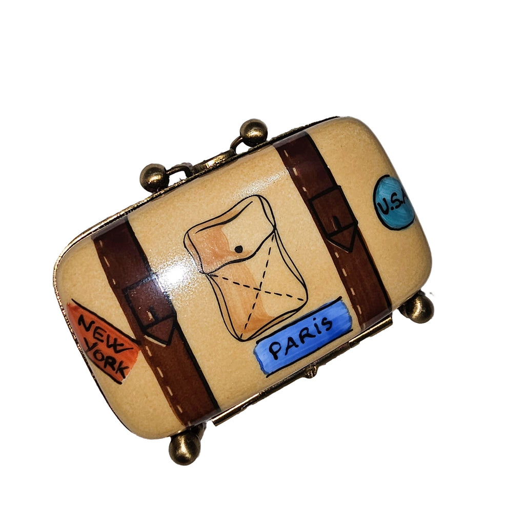 Suitcase w Tags Limoges Box Gift, a hand-painted Limoges porcelain gift