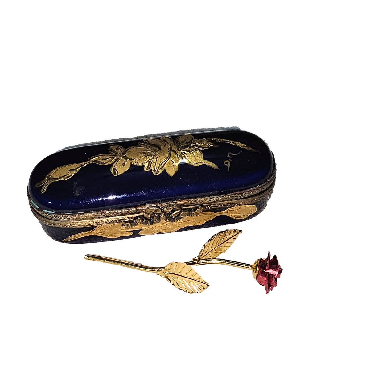 Cobalt Blue Rose Needle Box for Collectors, a hand-painted Limoges porcelain gift