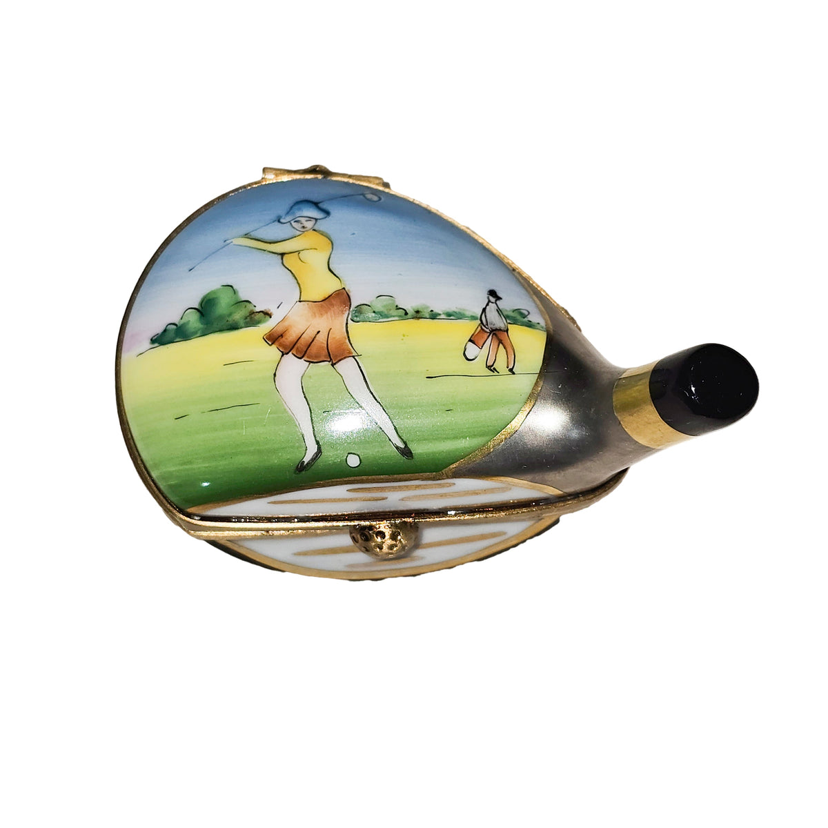 Woman on Golf Club Rochard Limoges Box, a hand-painted Limoges porcelain gift
