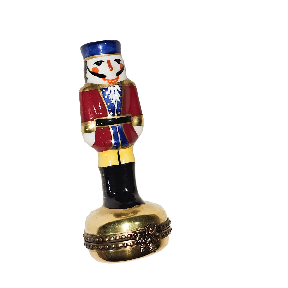 Nutcracker Red Coat Blue Hat Limoges Box, a hand-painted Limoges porcelain gift