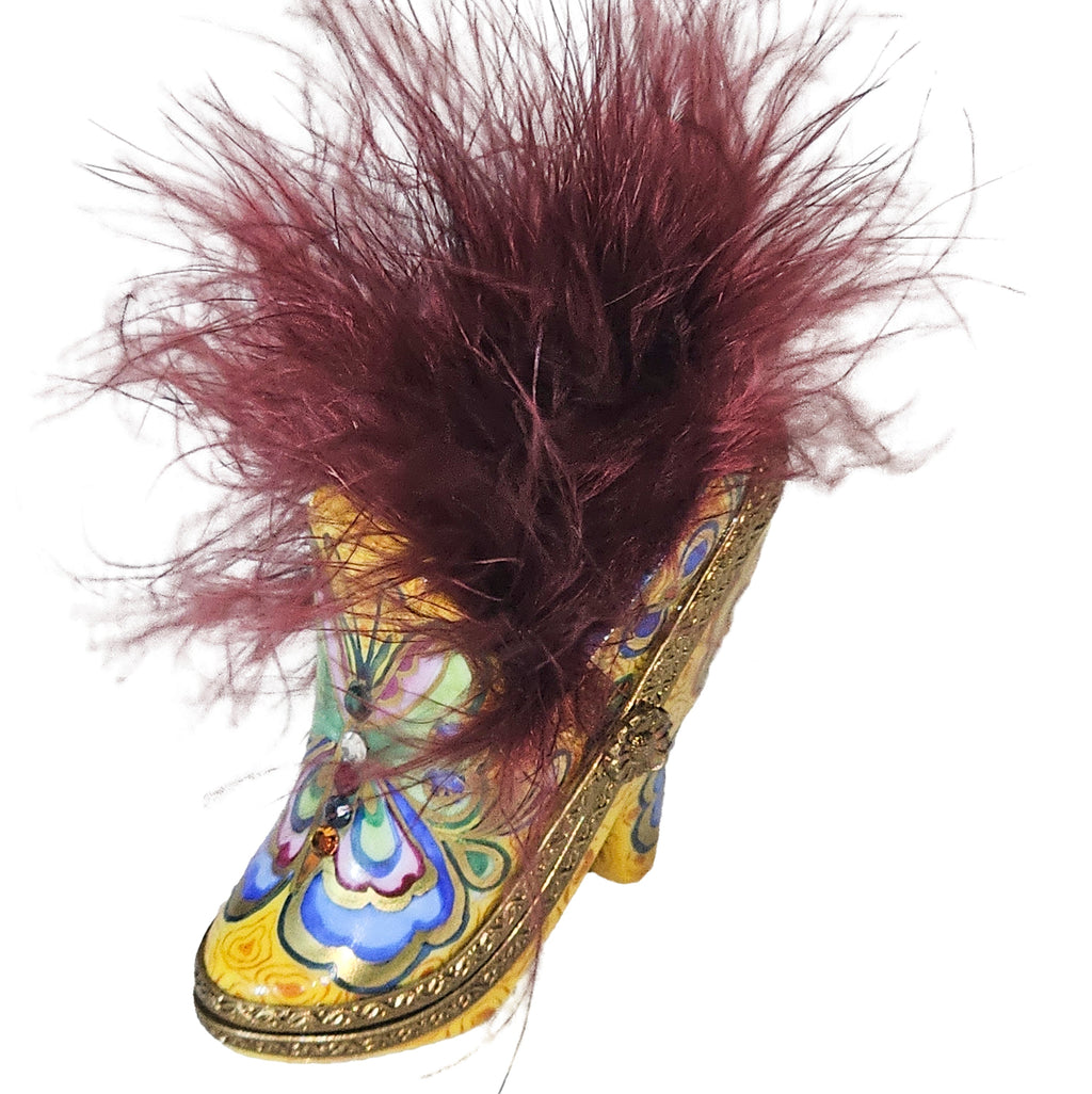 Yellow Shoe w Butterfly Red Feathers, a hand-painted Limoges porcelain gift