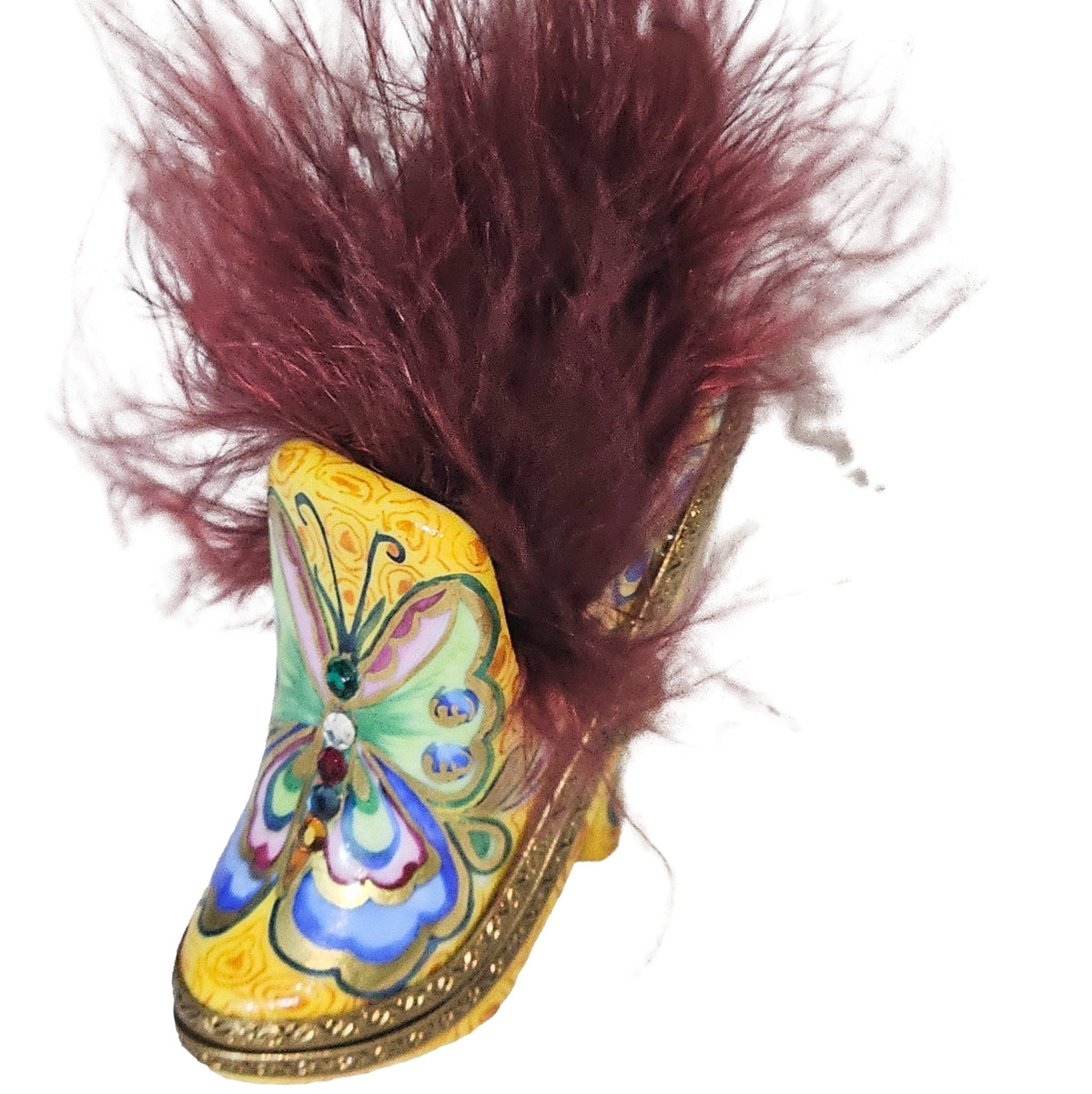 Yellow Shoe w Butterfly Red Feathers, view 3