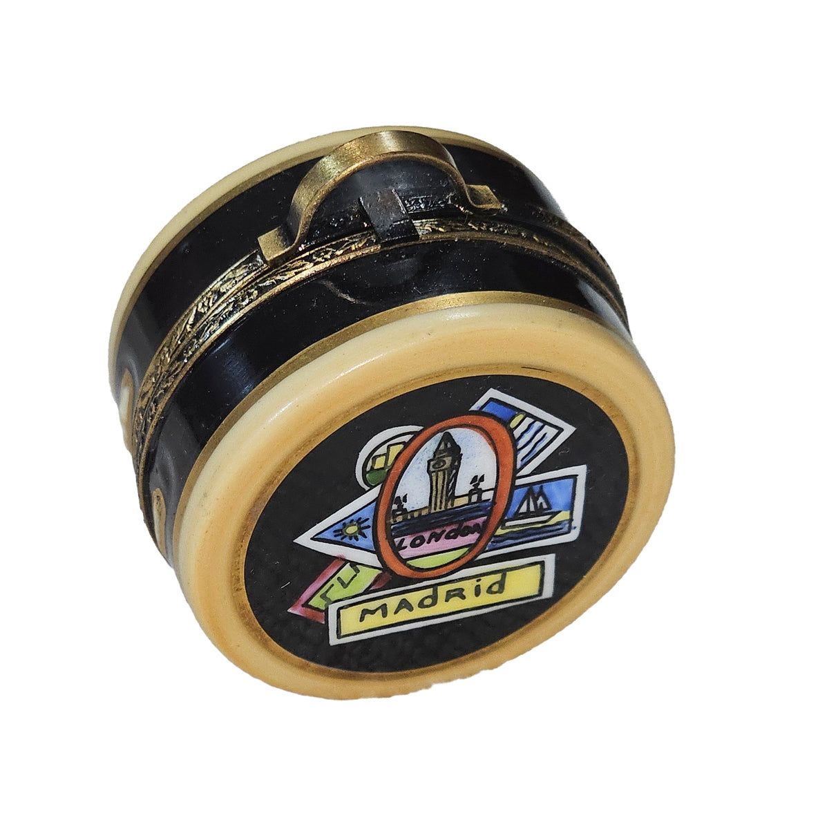 Round Suitcase 1 Travel Memories Box, a hand-painted Limoges porcelain gift