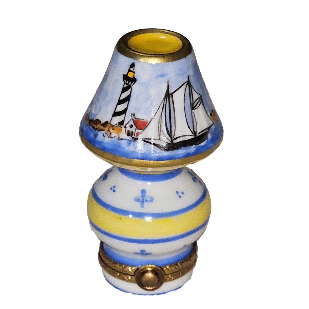 Light Blue Lamp w Sailboat Lighthouse, a hand-painted Limoges porcelain gift
